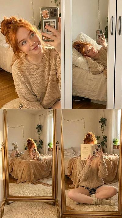 慵懒少女镜中自拍四格拼图