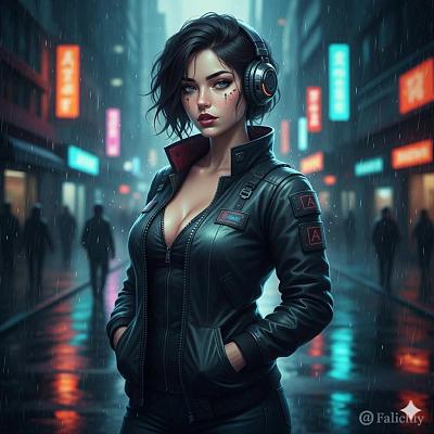 赛博朋克雨夜街头时尚女性肖像