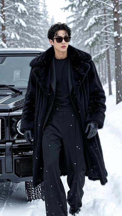 雪地黑衣男模，皮草大衣配G-Wagon，高定时尚写真