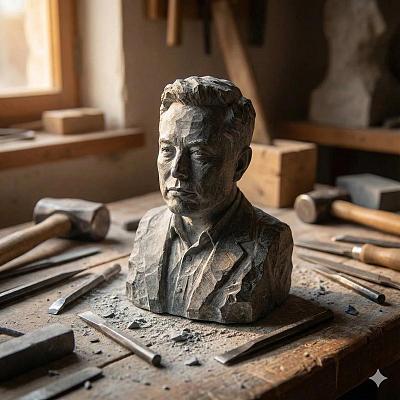 石雕肖像创作场景：凿痕纹理与暖光下的雕塑工作台