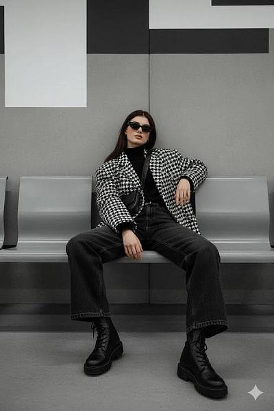 冷峻都市街拍：地铁长椅上的千鸟格时尚女性
