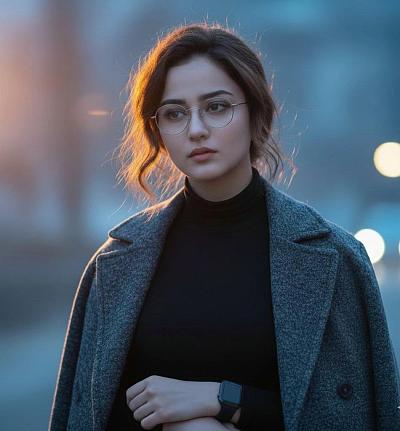 蓝调时刻的诗意肖像：戴眼镜女性的超写实电影感人像