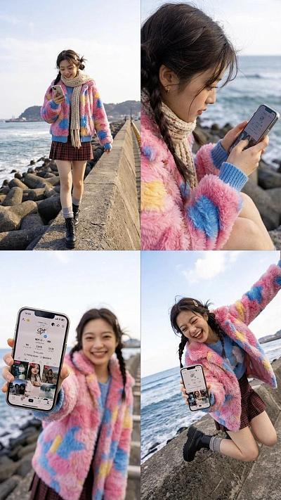 海边少女手机互动四格写真