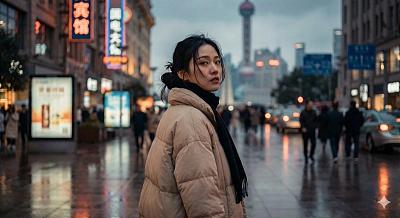 雨夜上海街头的文艺少女写真
