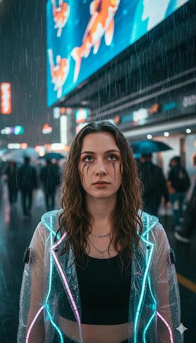 赛博朋克雨夜霓虹少女特写