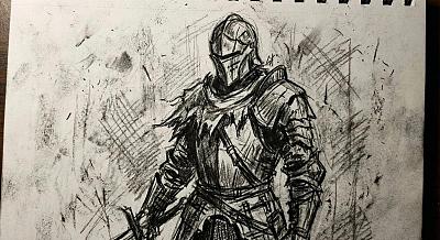 炭笔素描战士，粗犷笔触与阴影营造原始质感