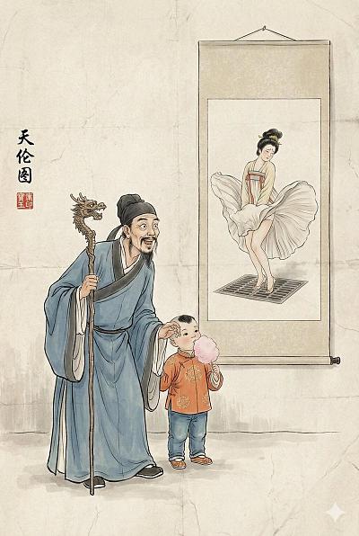 天伦图趣味水墨画