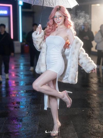 夜雨霓虹下粉发少女持伞优雅摆姿，光影交织尽显时尚魅力