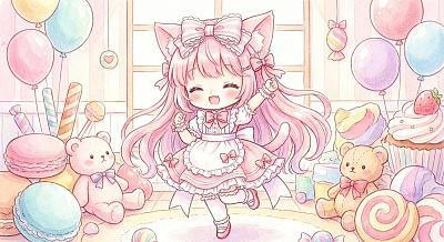 可爱的 Q 版猫耳女孩插画