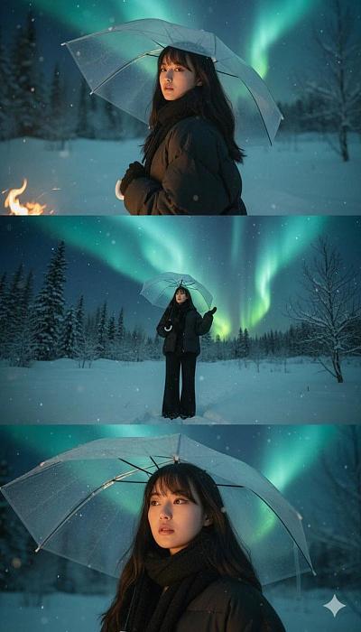 极光雪夜伞下女子三联画