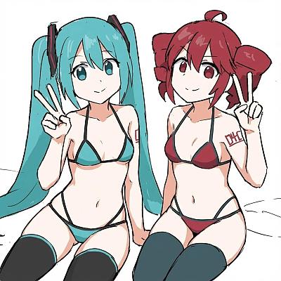 动漫少女比基尼造型参考图，仅更换服装