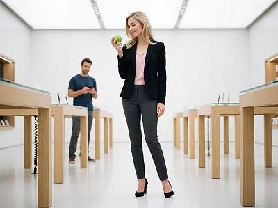 现代零售场景中女性手持青苹果的象征性叙事