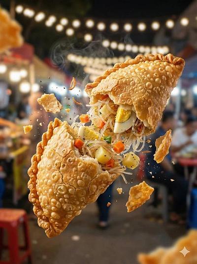 街头美食特写：金脆蛋饼爆裂瞬间，热馅飞溅，夜市光影交织