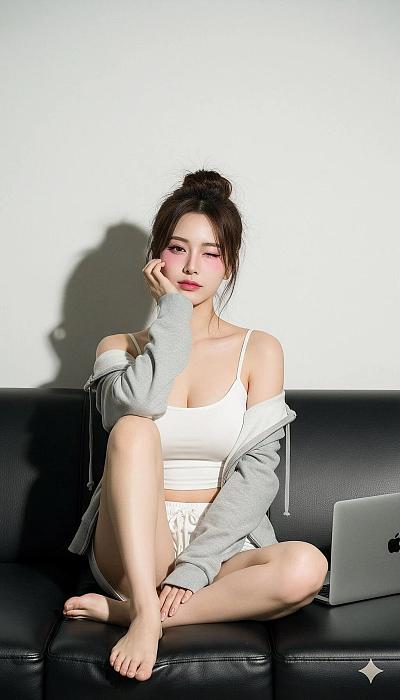 女生坐沙发上