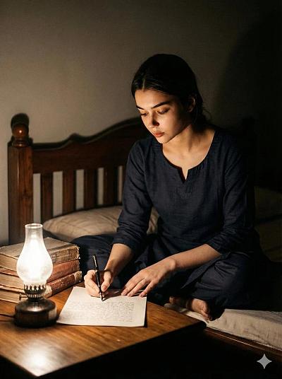 深夜书桌前的沉思女作家