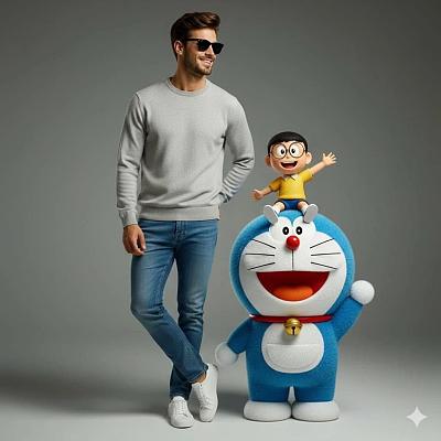时尚男士与哆啦A梦3D角色合影写真