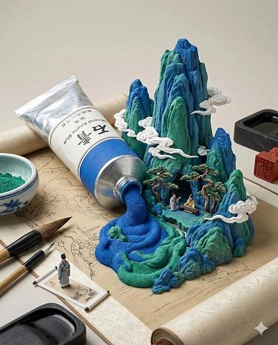 矿物颜料管挤压成青绿山水画境