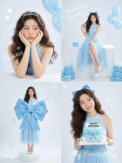 蓝调公主风生日写真四格拼图
