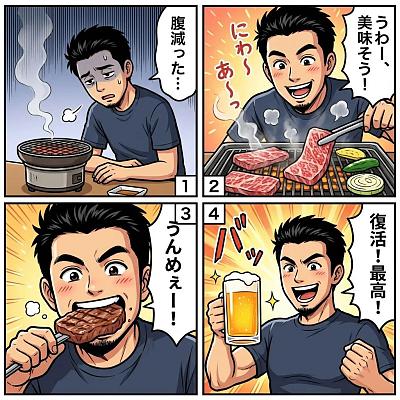一个角色被烧烤美食“治愈”的彩色漫画