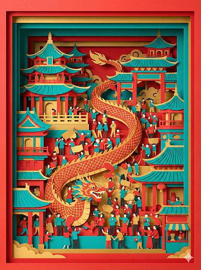 龙舞新春纸艺贺岁图