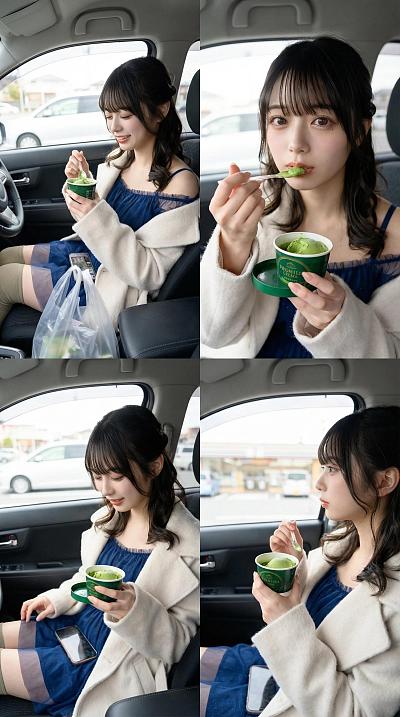 车内享用抹茶冰淇淋的日常瞬间