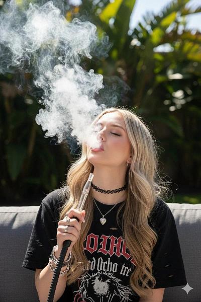 金发少女户外吸水烟，烟雾缭绕，休闲惬意