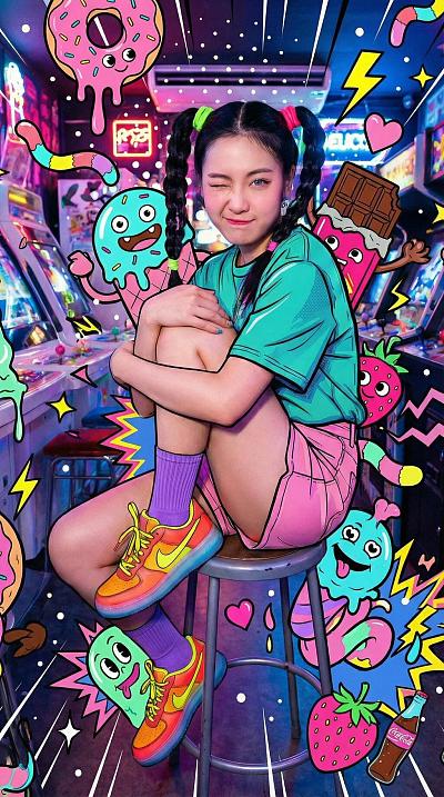人像照片添加可爱的涂鸦怪兽