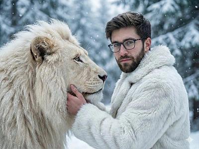 雪林中人与白狮的超现实情感对视