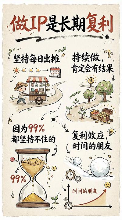 手绘风格IP成长复利信息图卡片