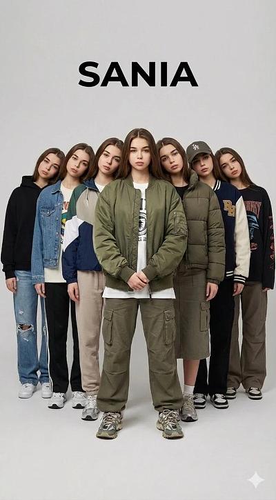 七位相同女性身着多样街头服饰，对称排列，展现超现实时尚大片效