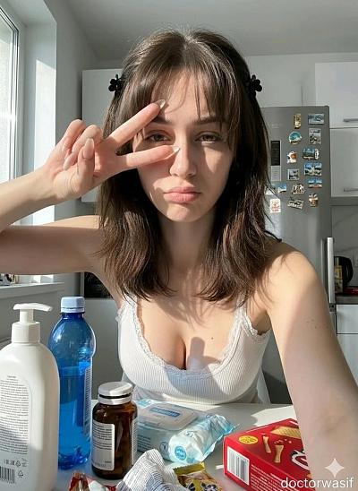 自然光厨房自拍，少女比耶俏皮瞬间