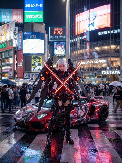 涩谷街头机甲少女与痛车合影