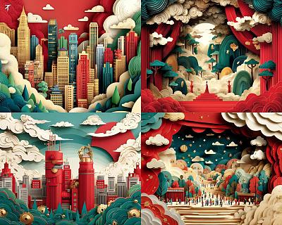 纸艺风格城市奇幻插画