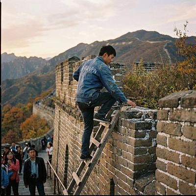 搭梯翻越长城游客