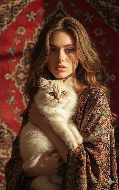 波斯地毯少女与猫