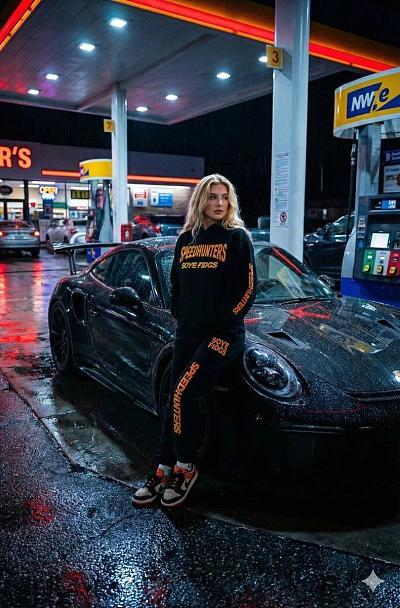 夜雨加油站的都市光影——保时捷与时尚女性