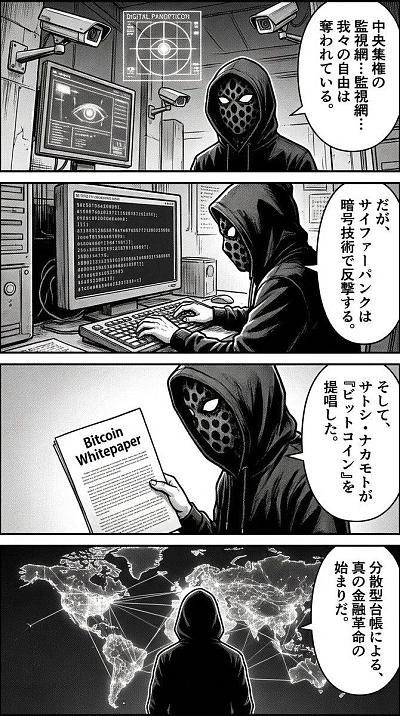 从赛博朋克视角看比特币的四格漫画
