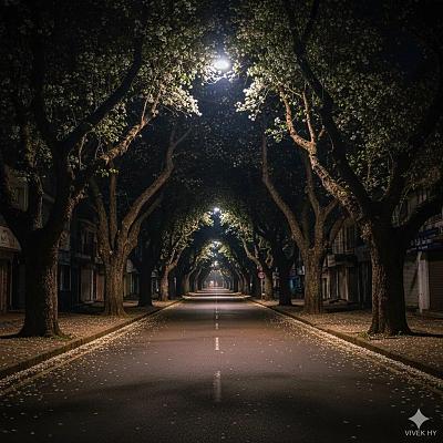 夜街树影花瓣路