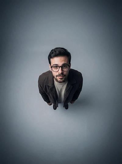 高角度俯拍青年男子肖像，极简冷色调，突出孤独与沉思氛围