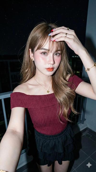 女子夜间阳台拍摄