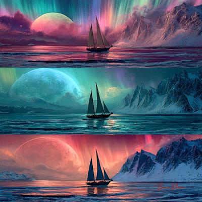 海洋中三艘不同的奇幻帆船