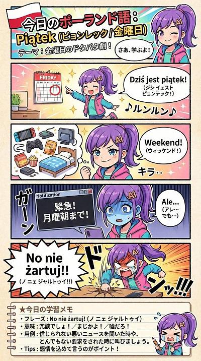 波兰语学习漫画：AI角色带你轻松掌握周五与周末表达