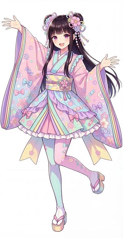 可爱风格的十二单服饰与花饰，活力姿势少女形象