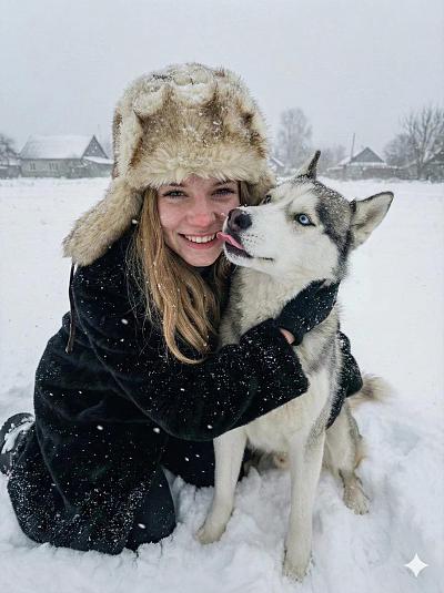 雪地少女与哈士奇的温暖拥抱