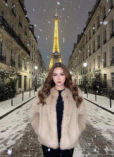 雪夜巴黎埃菲尔塔前美人照