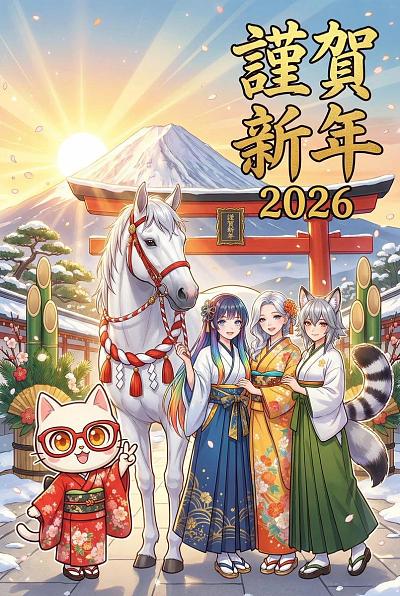 2026年白馬干支年賀状：四角色和装共庆新年