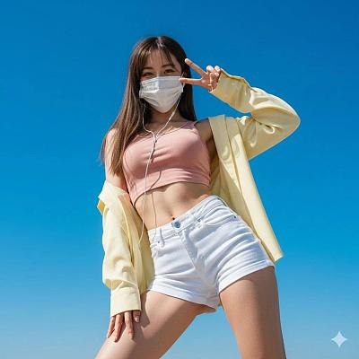 超写实低角度人像：蓝天下的自信姿态