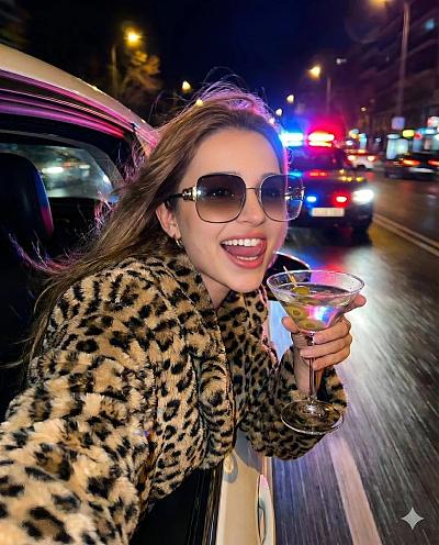 夜色霓虹下，豹纹外套少女车窗举杯，尽显奢华派对风。