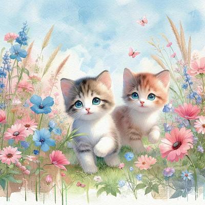 水彩萌猫花园漫步插画