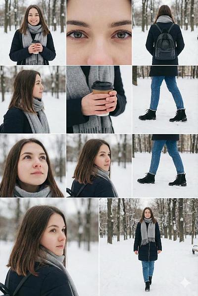 冬日雪景中年轻女性多角度生活写真拼贴